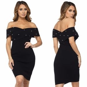 Off Shoulder Knit Dress With Beaded Pearl